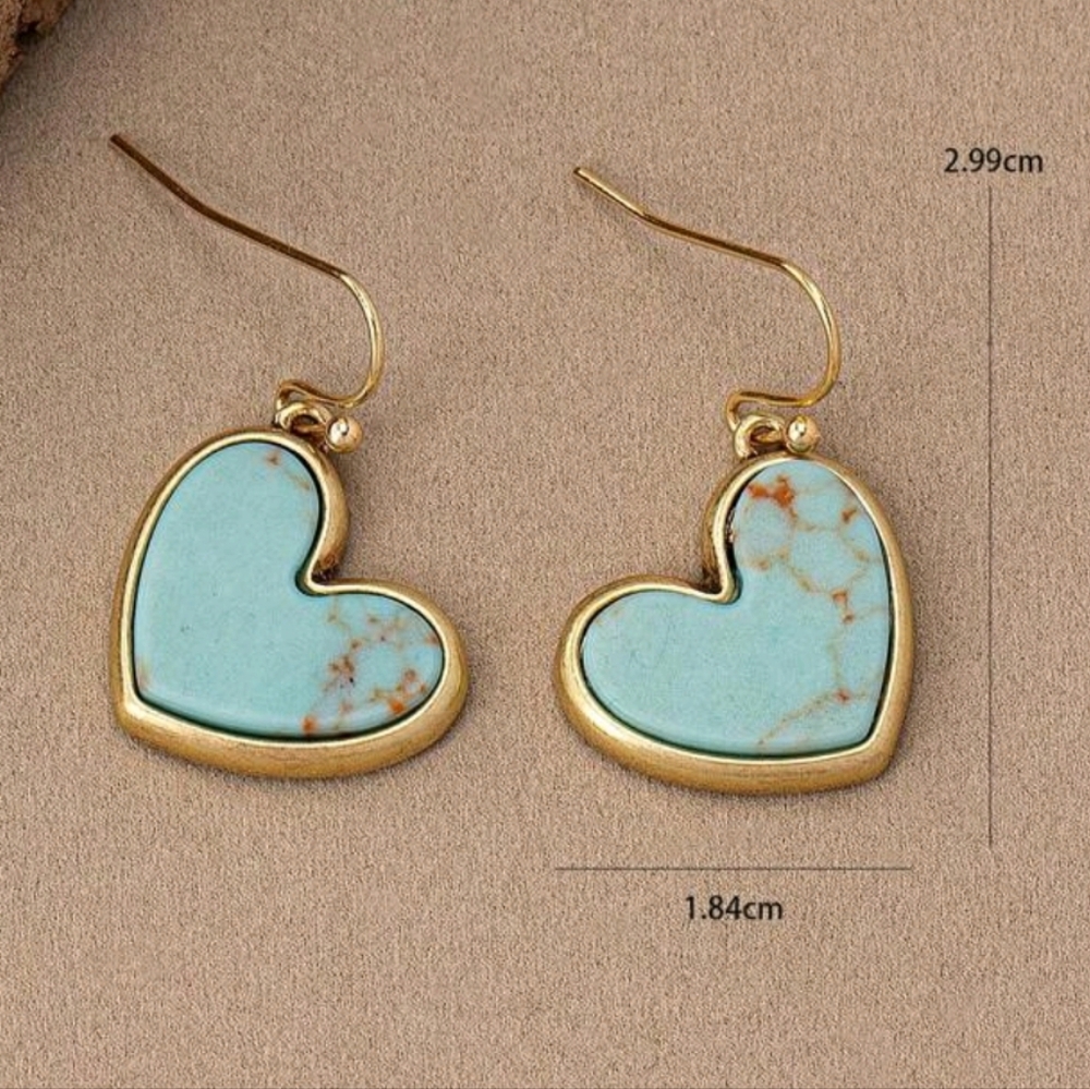 Gold and Turquoise Heart Earrings - Picture 3 of 4